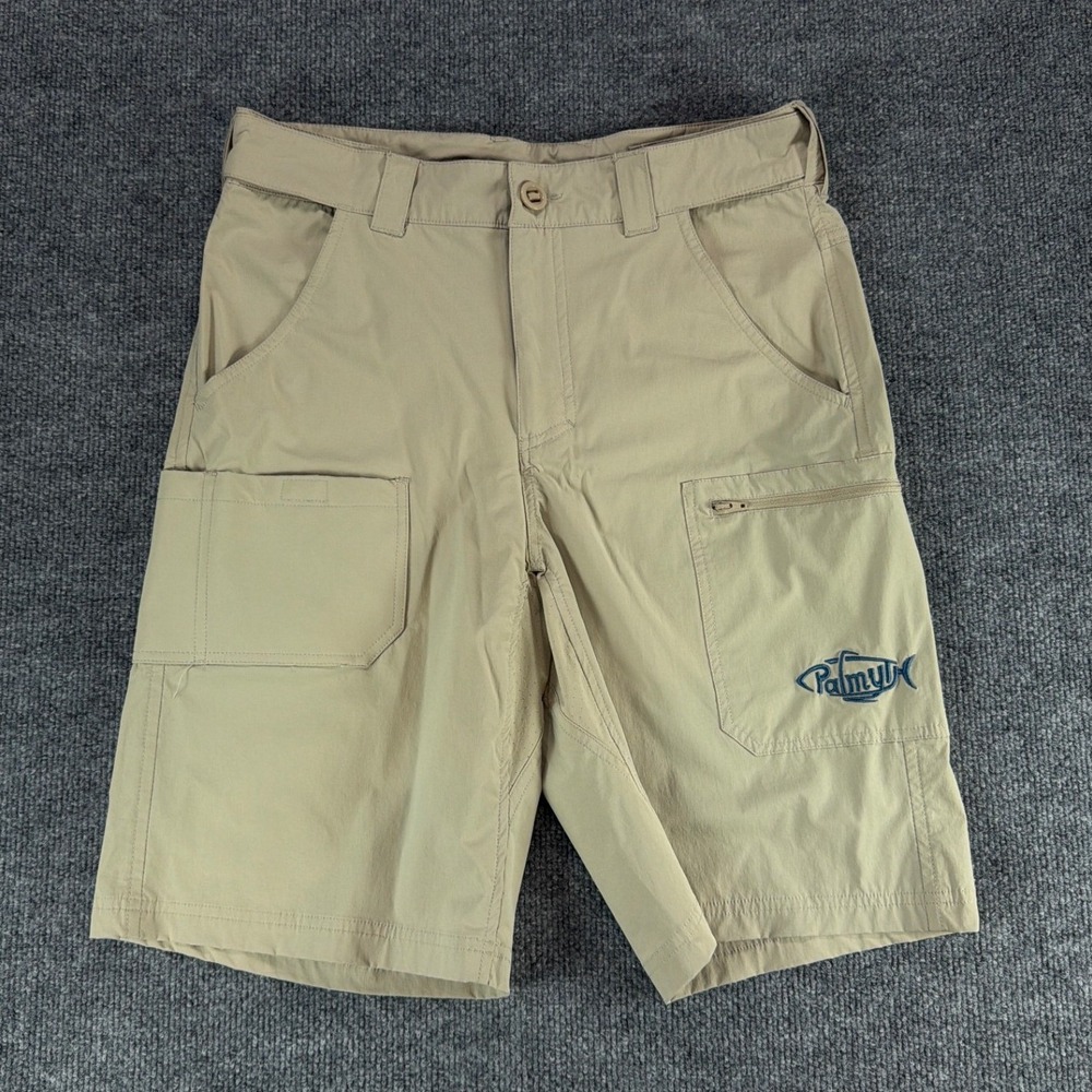 Palmyth Mens Fishing Cargo Shorts Tan Khaki Nylon Stretch Utility Pockets Size S